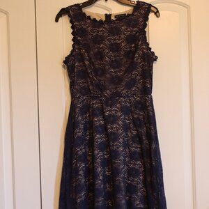 As U Wish Blue Lace Overlay Dress Sleeveless Scalloped Neckline Fitted Waist Lrg